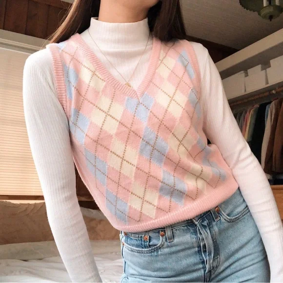 Brandy Melville John Galt Pink White Blue Sweater Vest Knitted